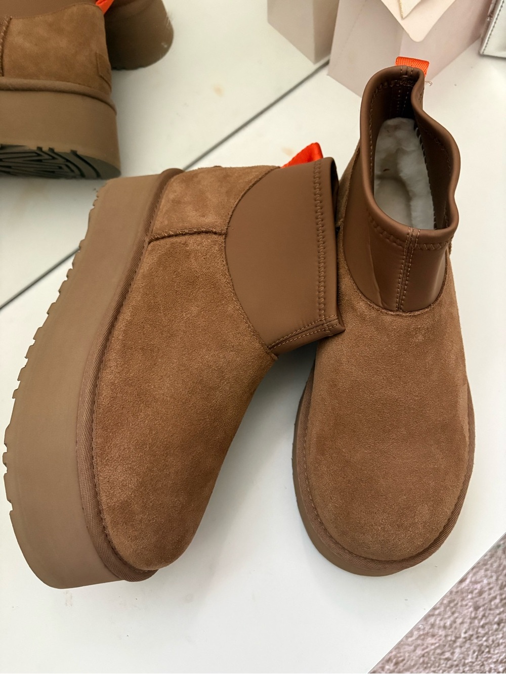 UGG Women's Platform Suede Ankle Boots Chestnut Brown with Orange Pull Tab sz. 8